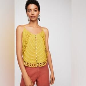 Free People Lady Bird Embroidered Tank Top Yellow Eyelet Crop Women's Size XS